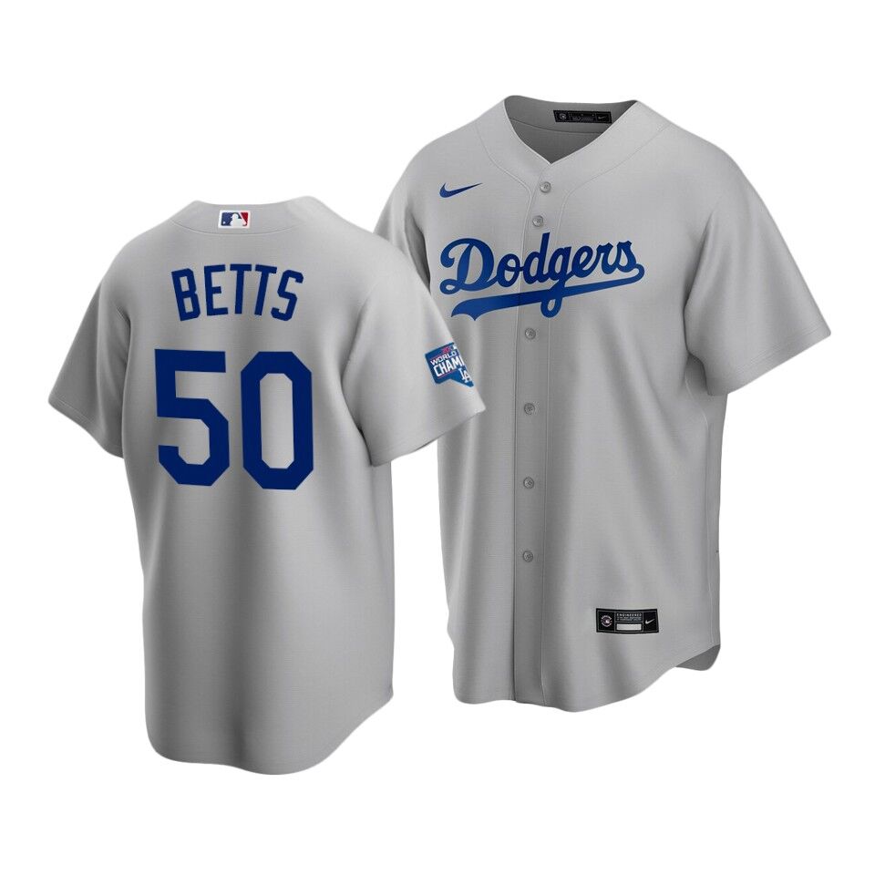 Men's Los Angeles Dodgers #50 Mookie Betts Grey 2020 World Series Champions Home Patch Stitched Jersey